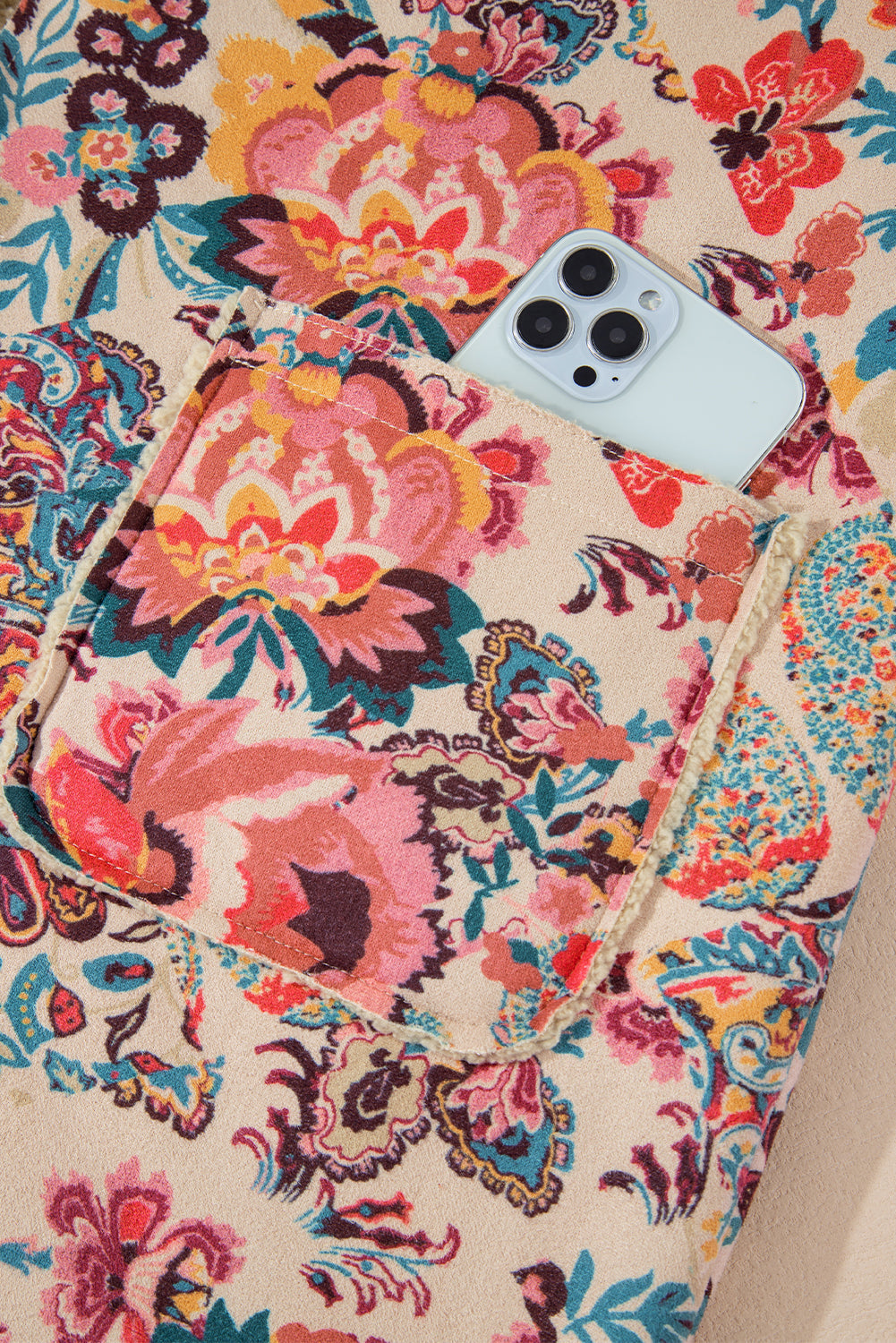 Beige Vintage Paisley Floral Printed Sherpa Lined Hooded Jacket Shewin