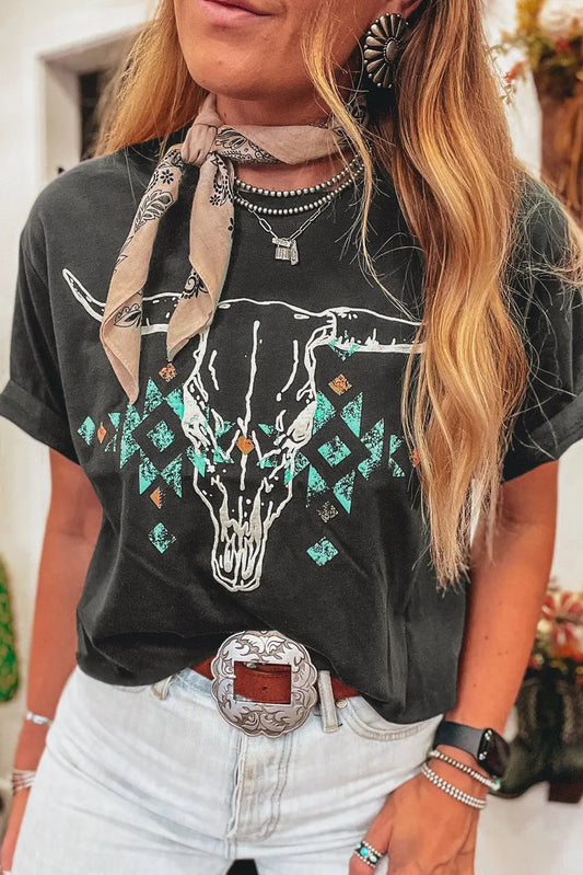 Carbon Grey Vintage Bull Head Skull Turquoise Geometric Graphic T Shirt Shewin