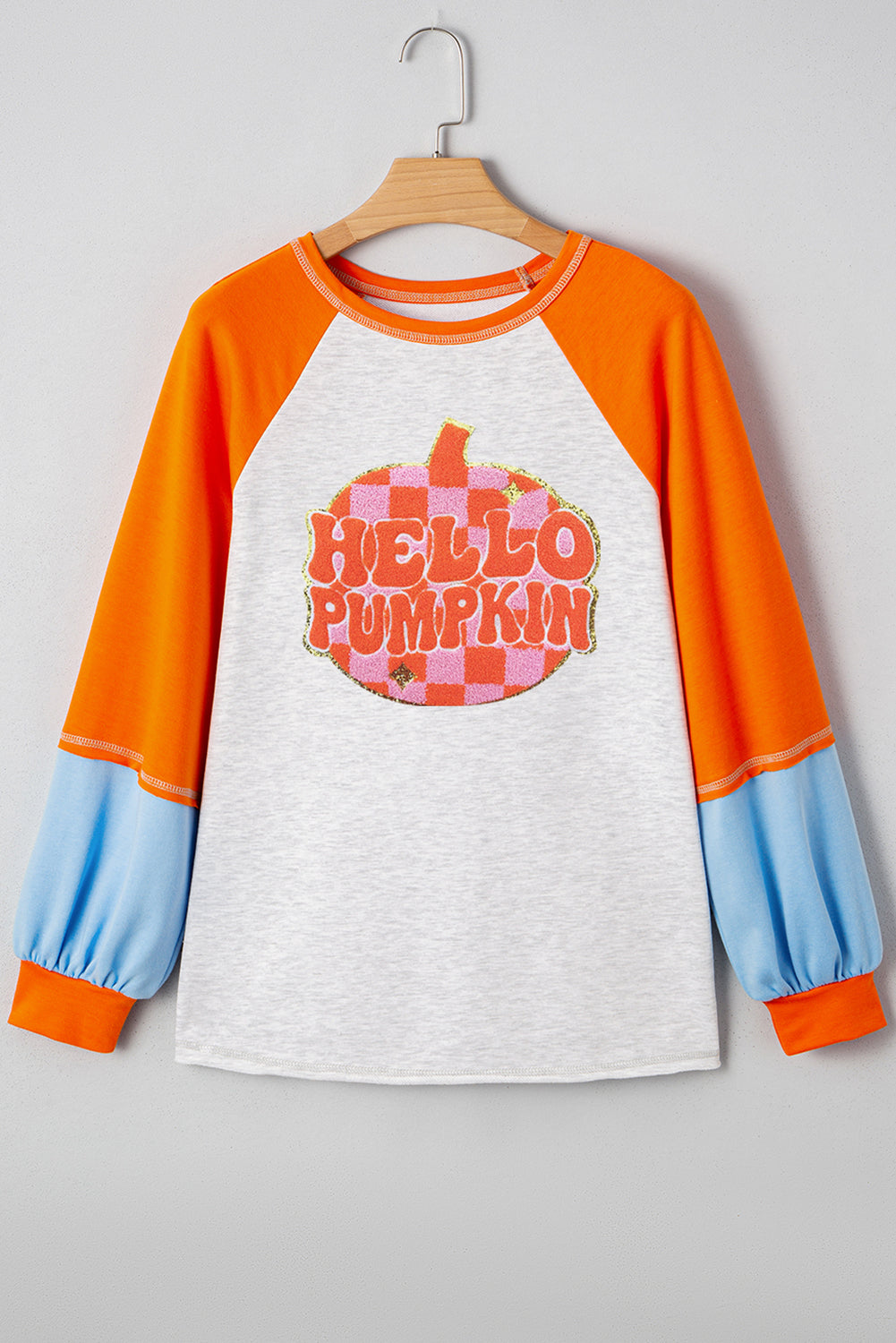 Light Grey HELLO PUMPKIN Patched Graphic Colorblock Raglan Sleeve Top Shewin