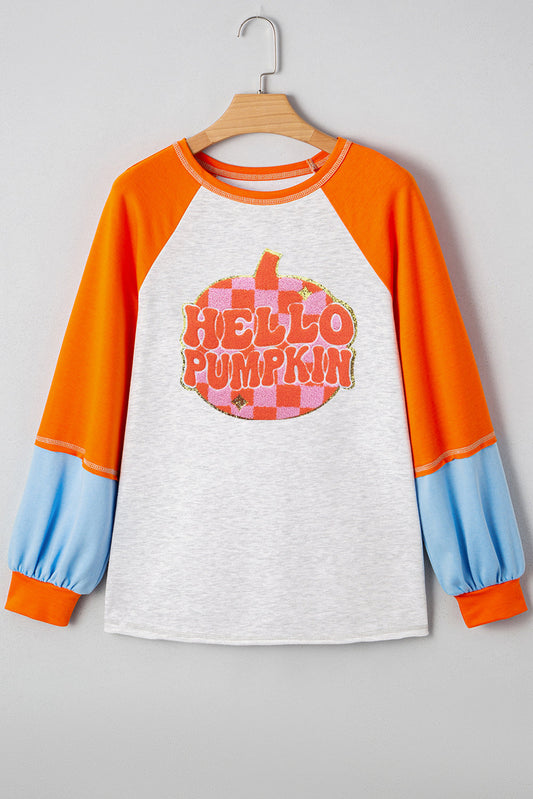 Light Grey HELLO PUMPKIN Patched Graphic Colorblock Raglan Sleeve Top Shewin
