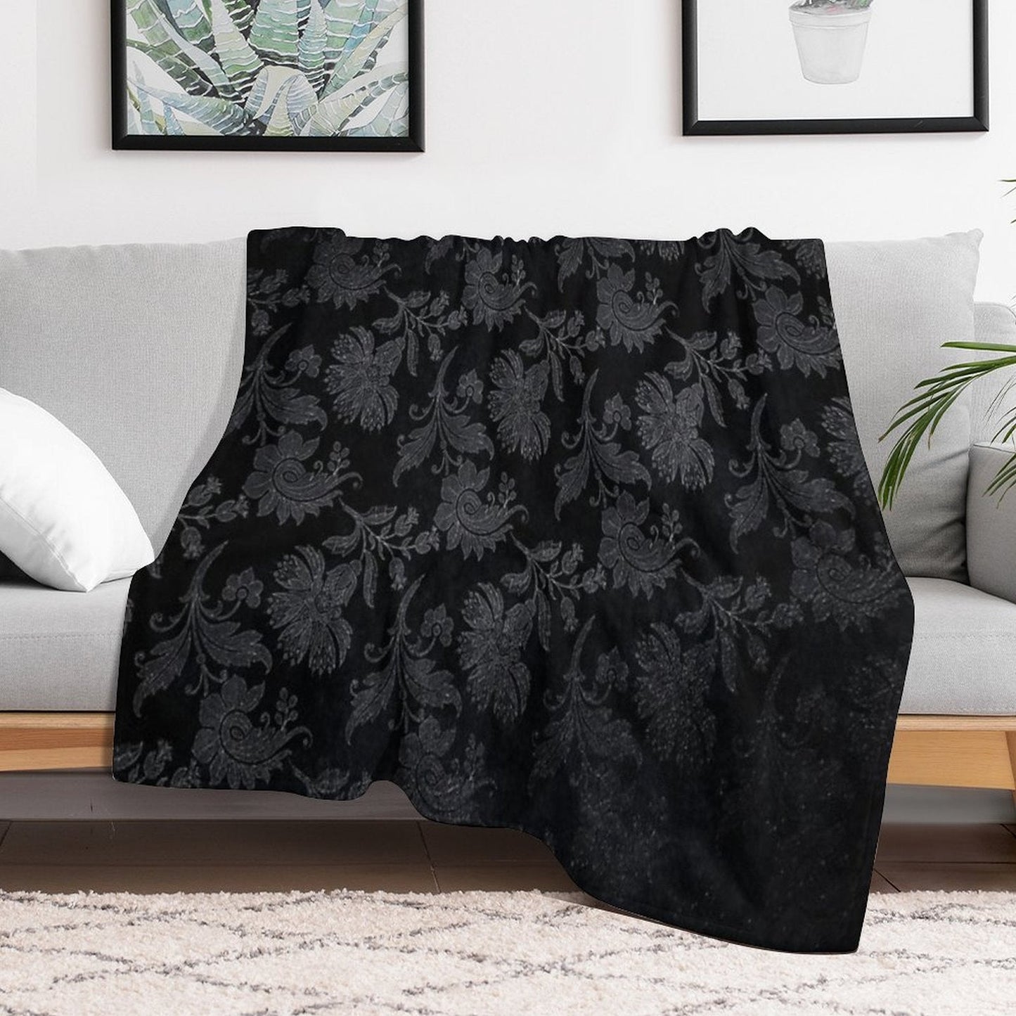 Black And Silver Vintage Damask Throw Blanket