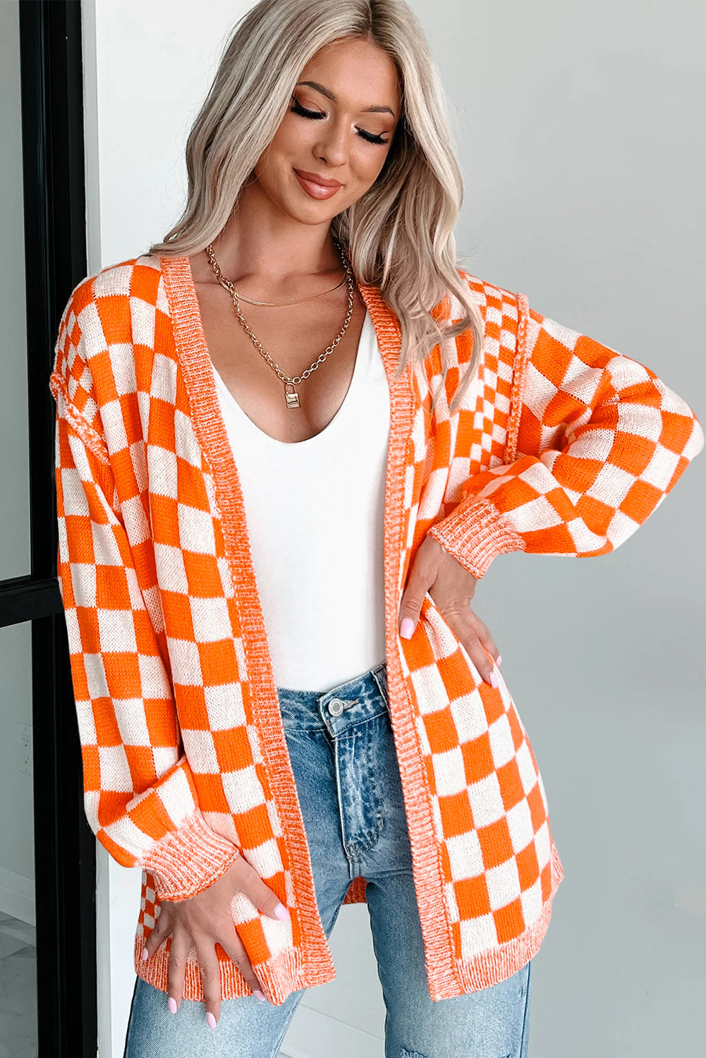 Orange Checkered Open Front Drop Shoulder Cardigan Shewin