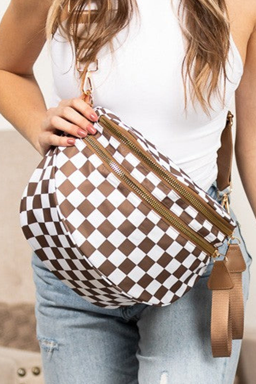 Blackish Green Checkered Print Wide Strap Large Crossbody Bag Shewin