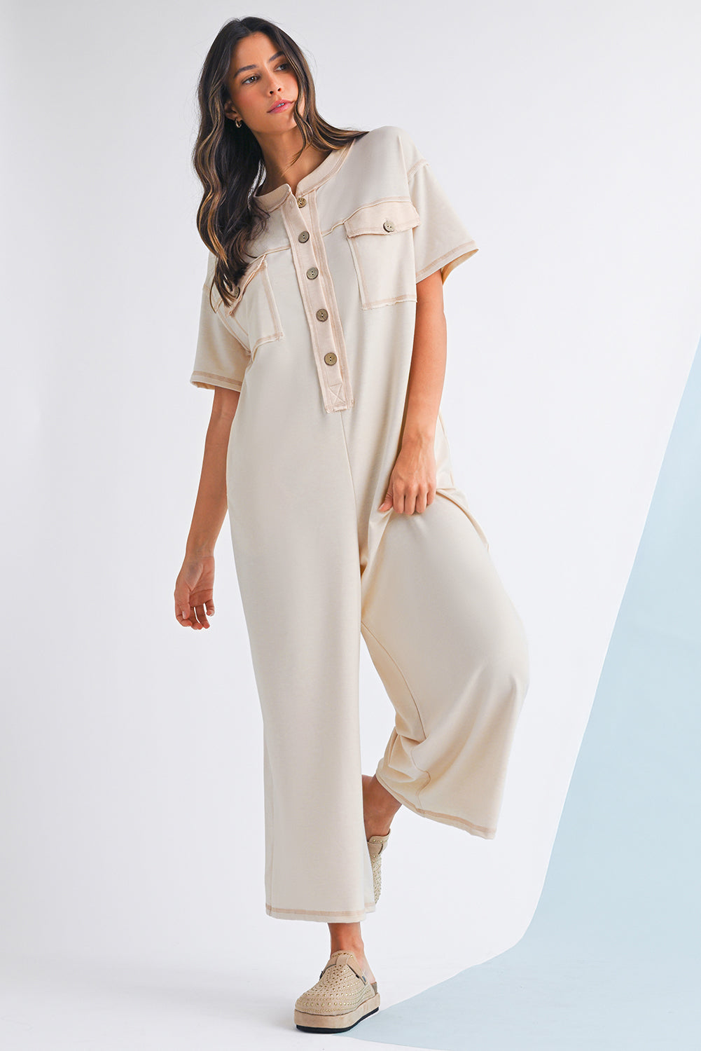 Beau Blue Patchwork Pocket Short Sleeve Jumpsuit Shewin