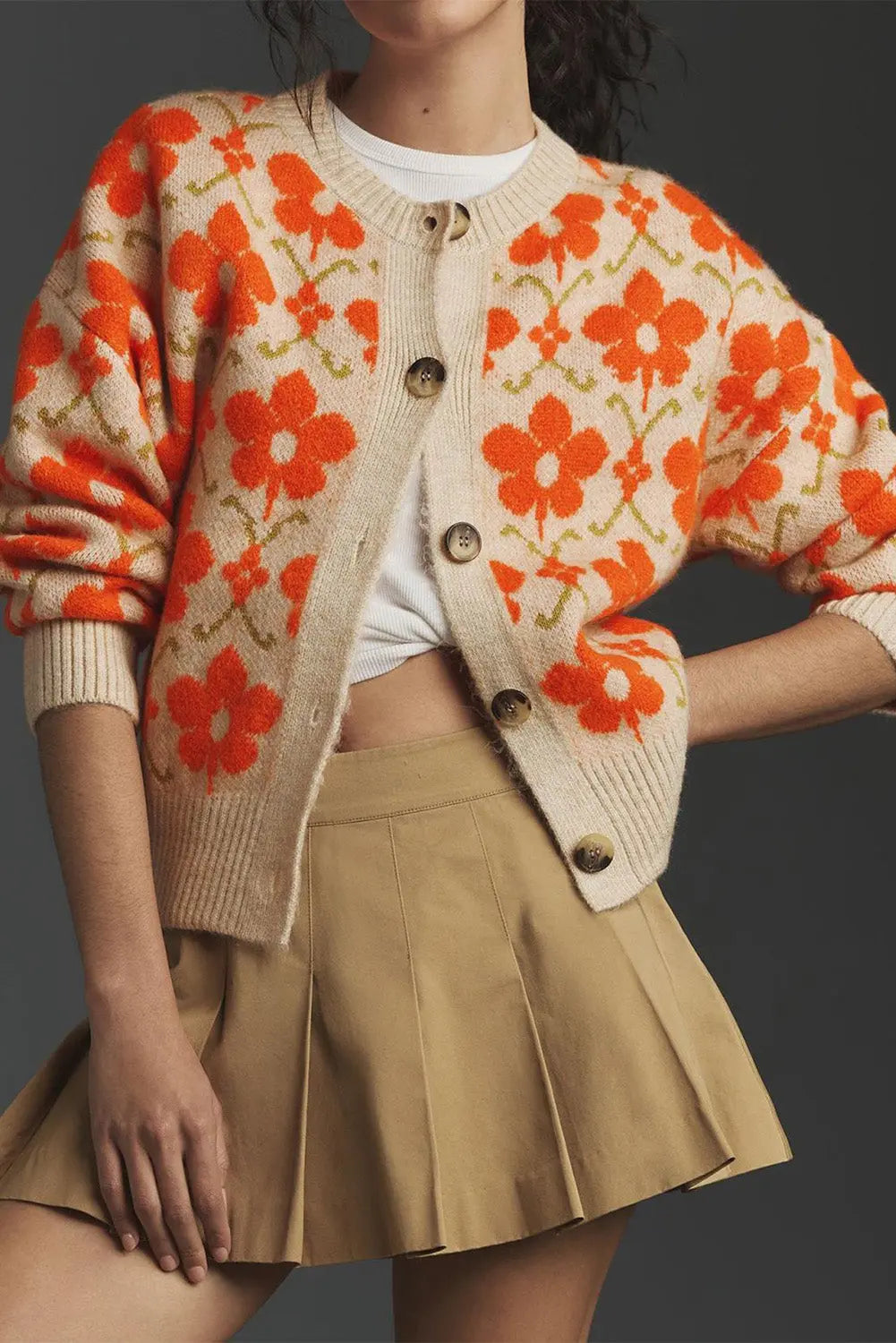 Orange Floral Button Round Neck Knit Cardigan Shewin