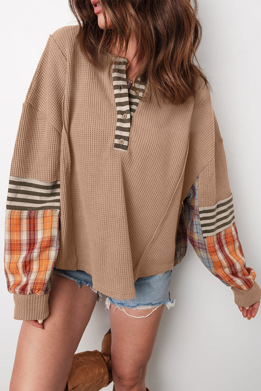 Straw Yellow Waffle Stripe Plaid Patchwork Henley Top Shewin