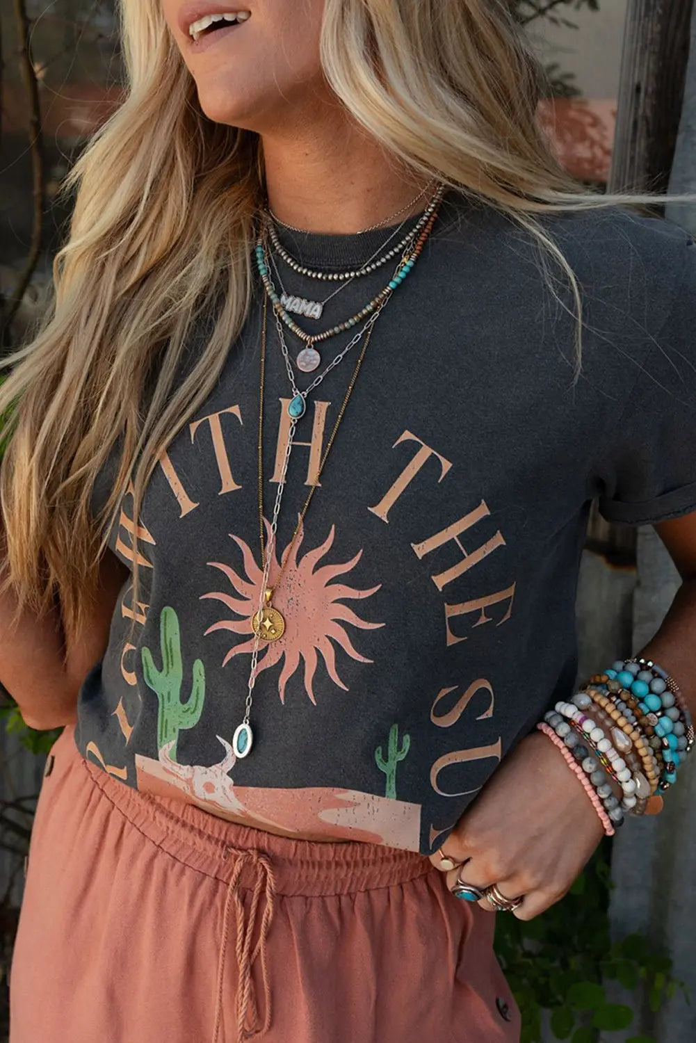 Dark Grey RISE WITH THE SUN Graphic Tee Shewin