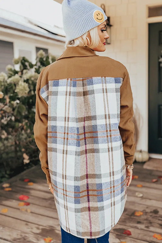 Khaki Plaid Patchwork Long Sleeve Jacket Shewin