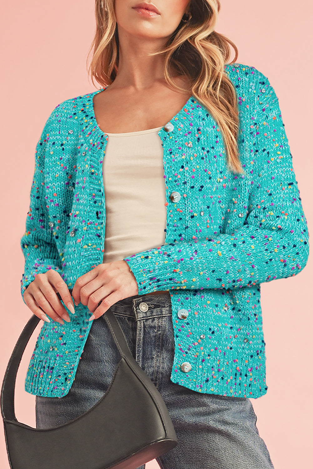 Aruba Blue Confetti Knit Button Cardigan Shewin