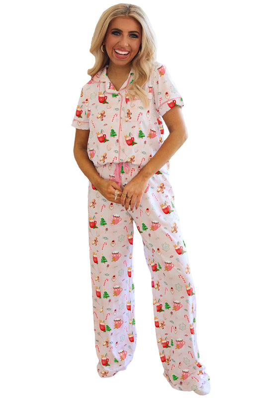Pink Christmas Spirit Cute Holiday Print Short Sleeve Shirt and Pants Pajama Set Shewin