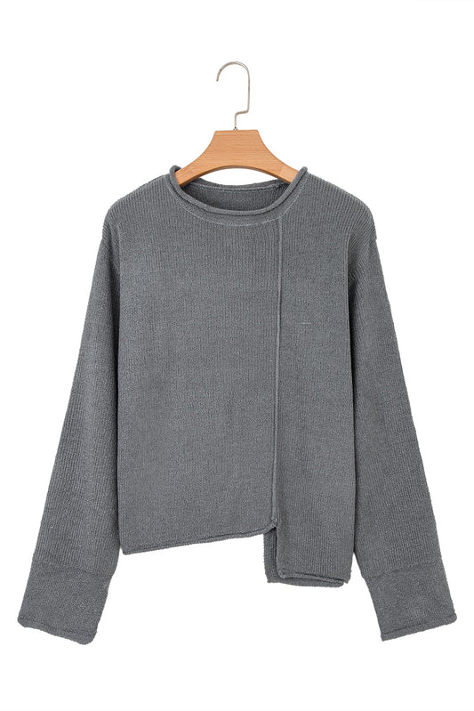 Medium Grey Raw Edge Uneven Hem Patchwork Drop Shoulder Sweater Shewin