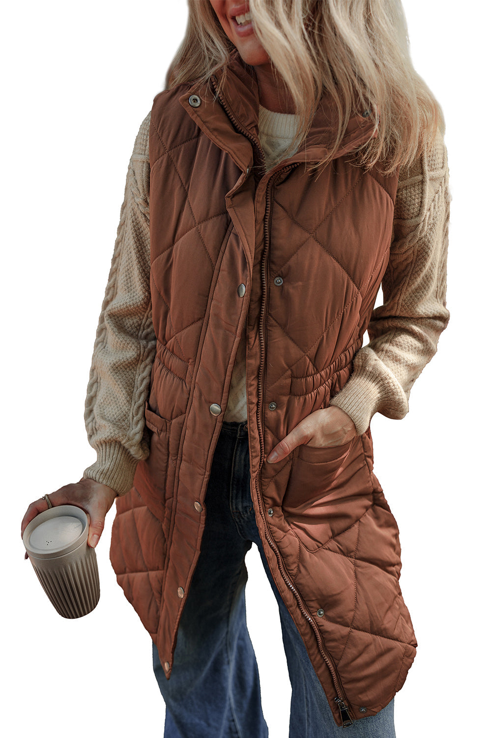 Coffee Puffer Quilted Stand Collar Pocketed Vest Coat Shewin