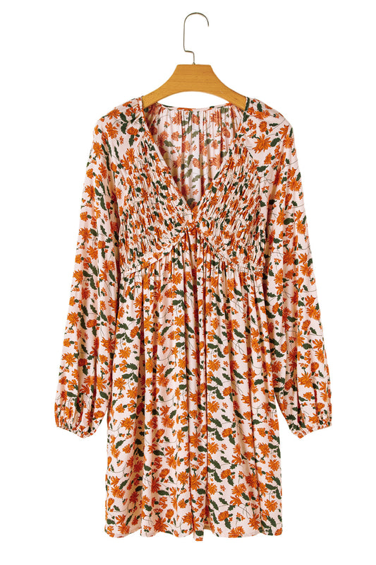 Beige Floral Smocked V Neck Bubble Sleeve Babydoll Dress Shewin