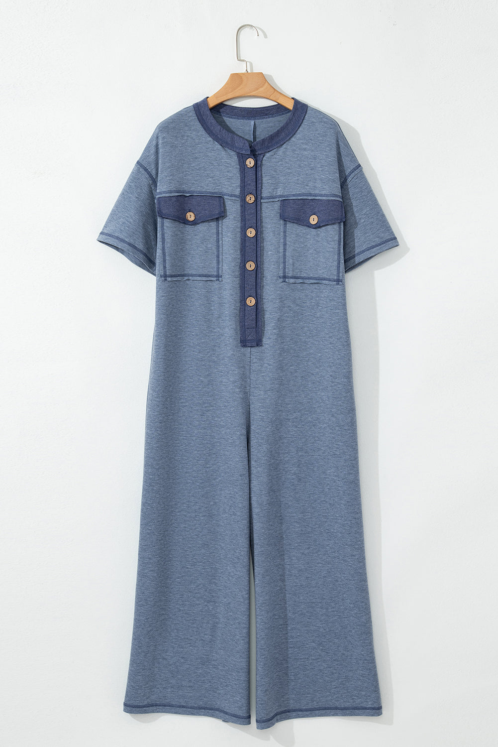 Beau Blue Patchwork Pocket Short Sleeve Jumpsuit Shewin