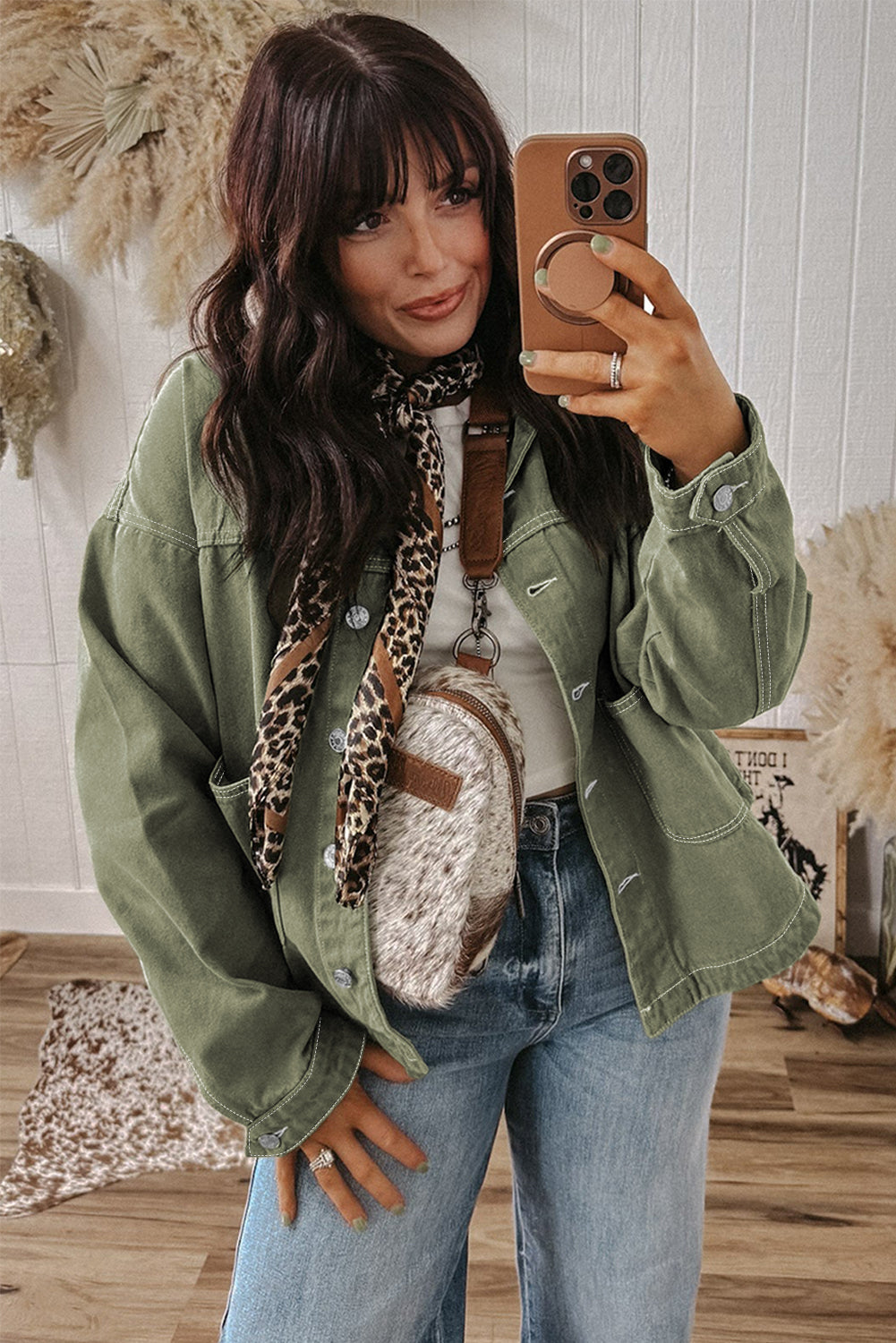 Smoke Green Pocket Collared Button Front Denim Jacket Shewin