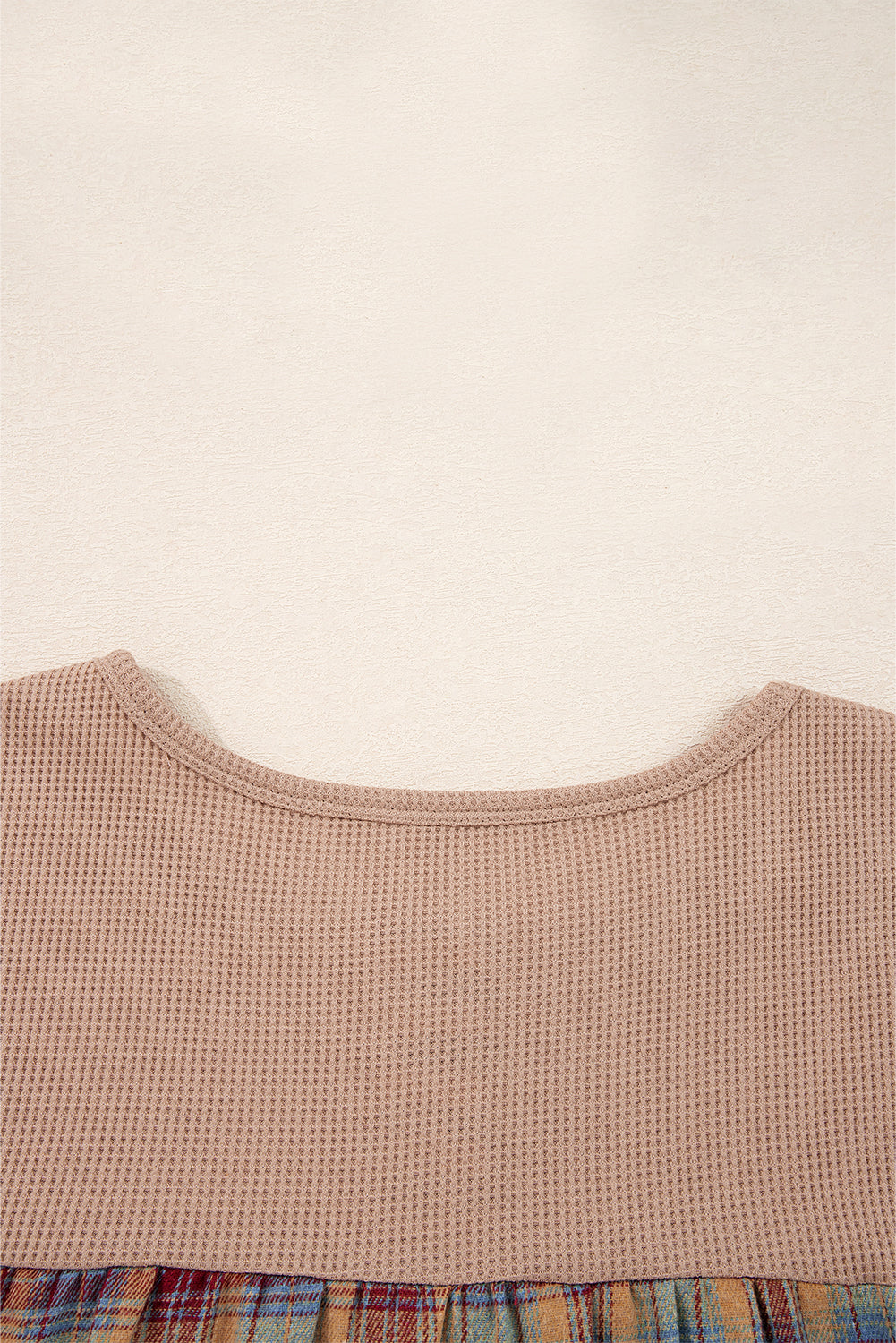 Straw Yellow Waffle Stripe Plaid Patchwork Henley Top Shewin