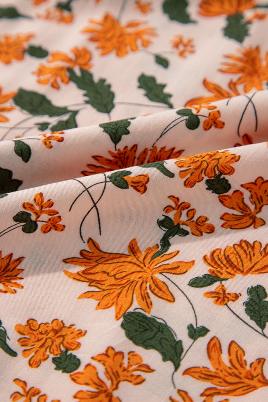 Beige Floral Smocked V Neck Bubble Sleeve Babydoll Dress Shewin