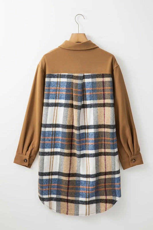 Khaki Plaid Patchwork Long Sleeve Jacket Shewin
