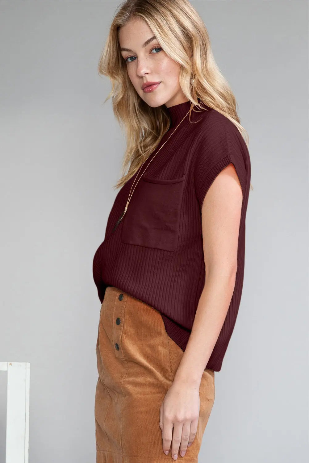 Gold Flame Patch Pocket Ribbed Knit Short Sleeve Sweater Shewin
