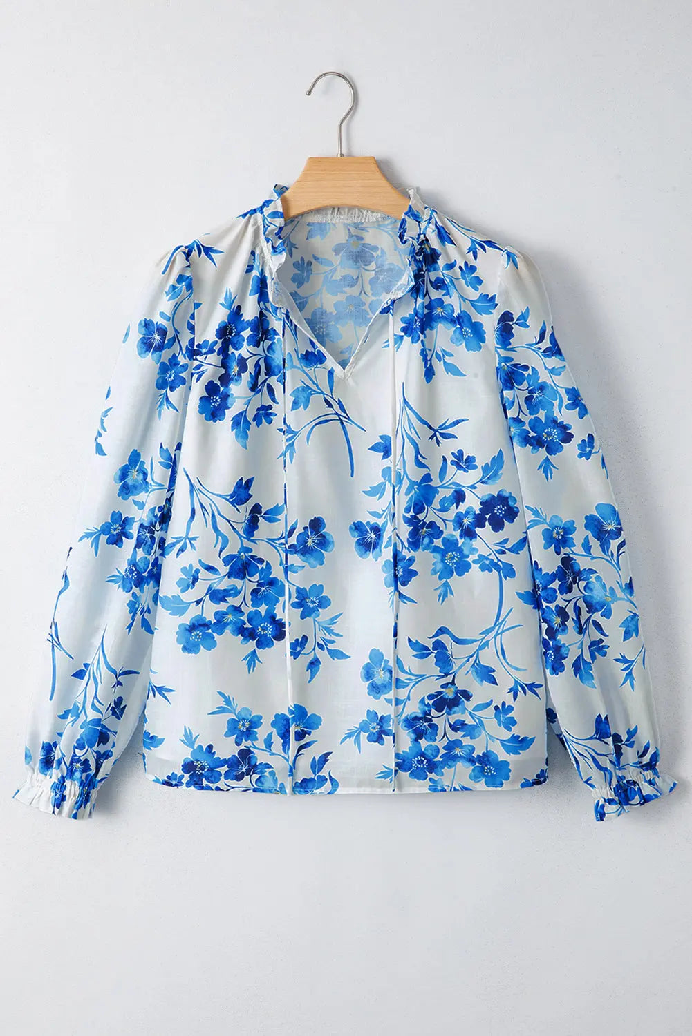Blue Floral Long Sleeve Lace-up V Neck Blouse Shewin