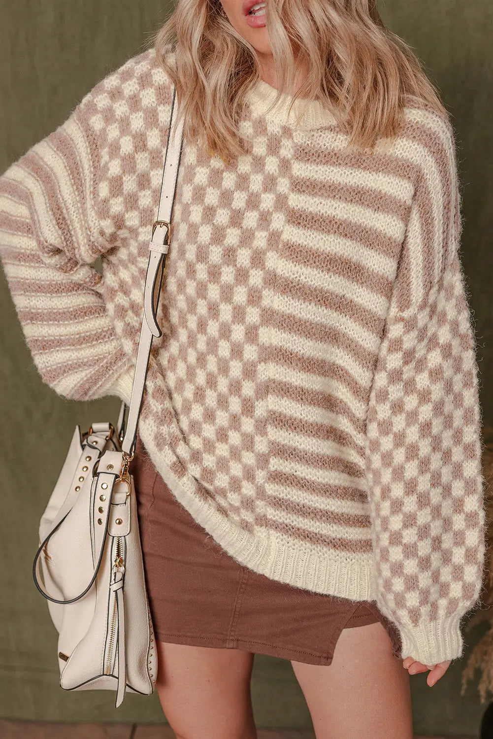 Khaki Stripe Checkerboard Drop Shoulder Balloon Sleeve Sweater Shewin