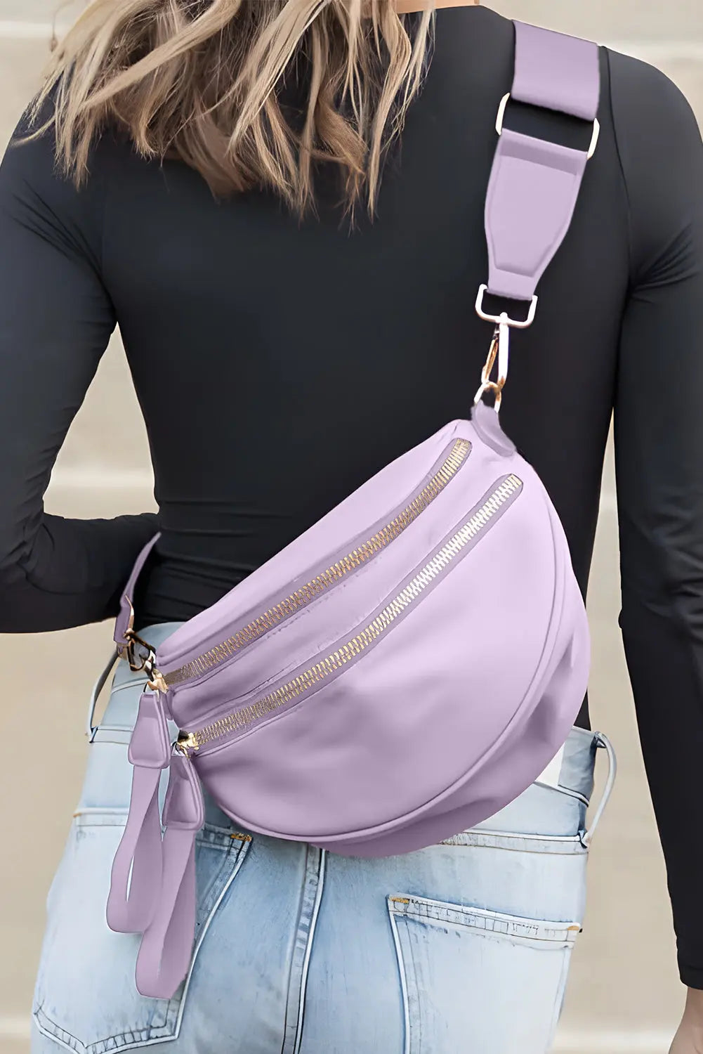 Light Blue Wide Strap Double Zipper Crossbody Bag Shewin