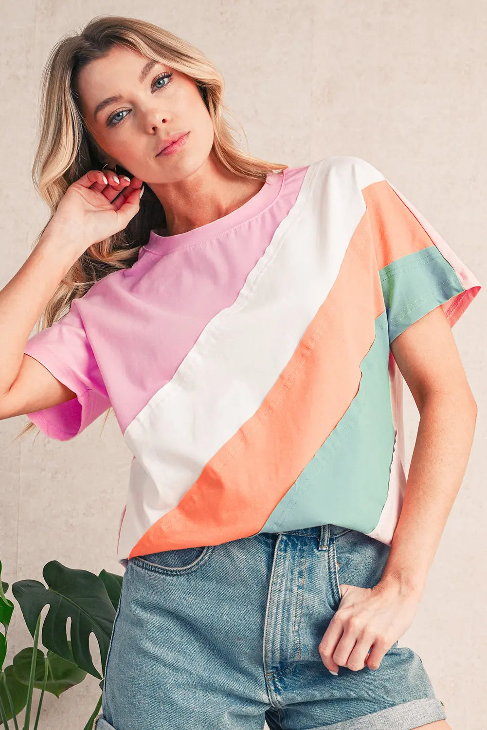Pink Color Block Patchwork Seamed Crewneck T Shirt Shewin
