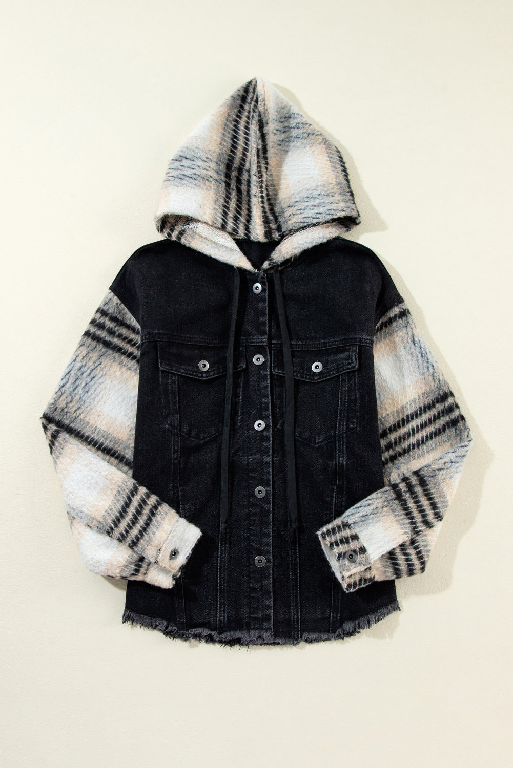 Black Patchwork Plaid Sleeve Frayed Hem Hooded Denim Jacket Shewin