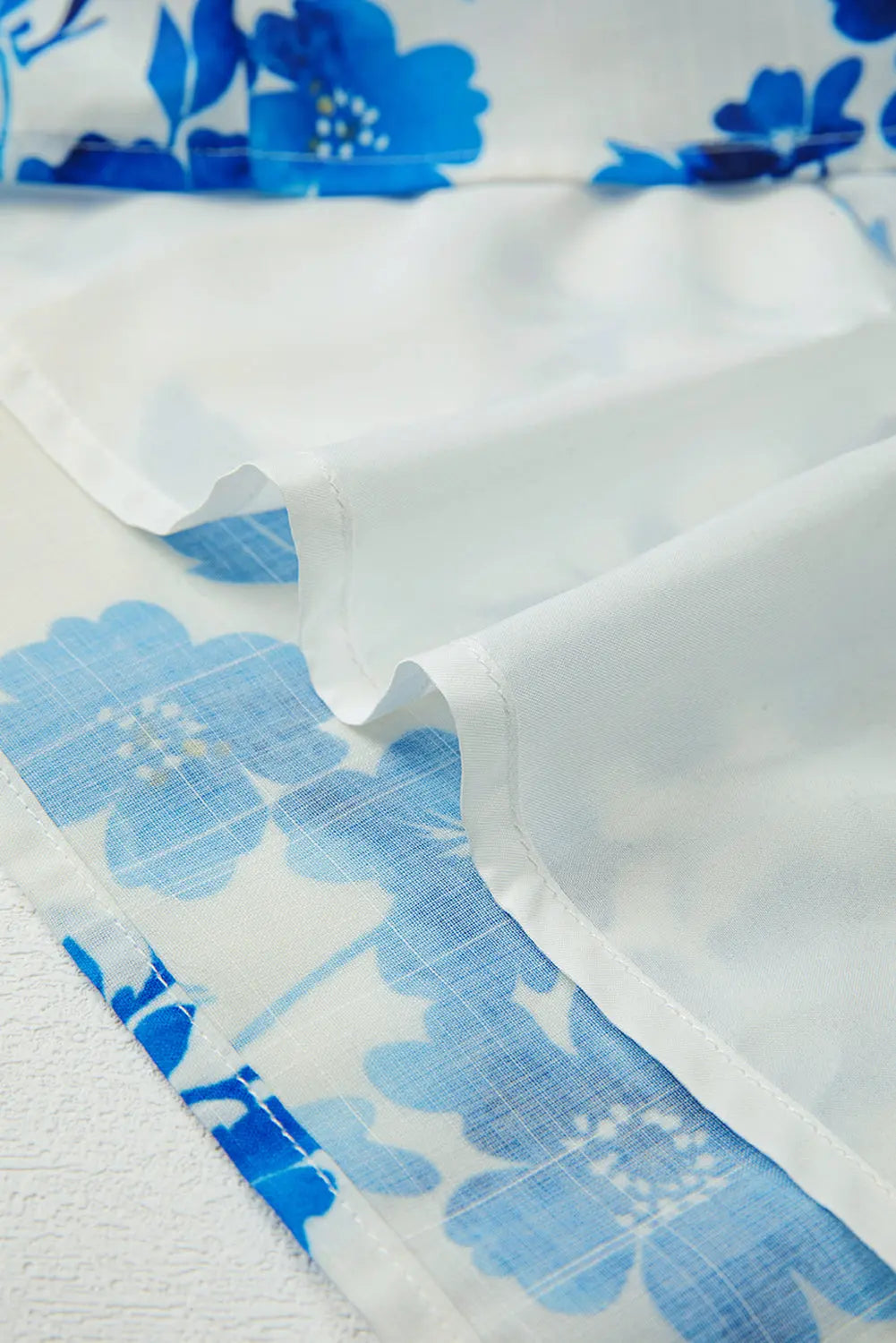 Blue Floral Long Sleeve Lace-up V Neck Blouse Shewin