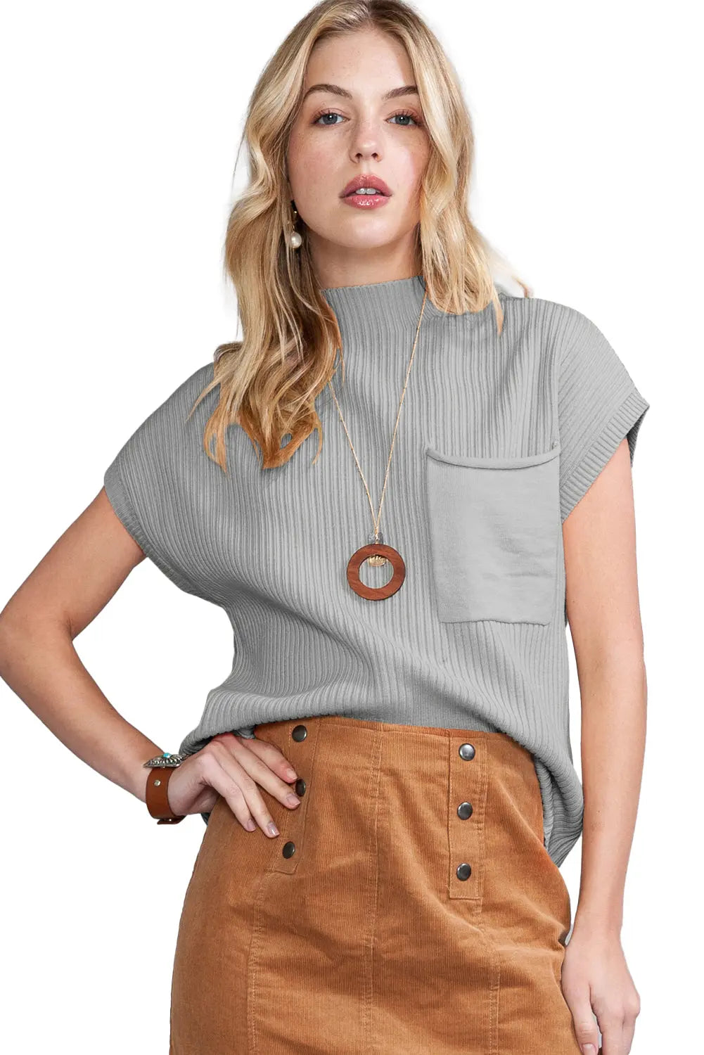 Gold Flame Patch Pocket Ribbed Knit Short Sleeve Sweater Shewin