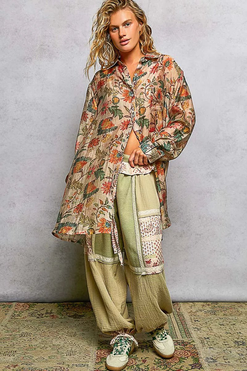 POL Metal Button Down Floral Long Sleeve Shirt - Creative Freedom Collective