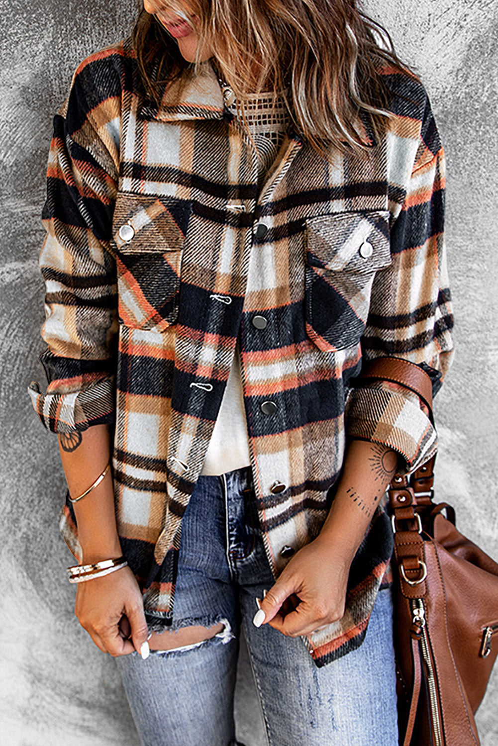 Brown Plaid Button Up Long Sleeve Flannel Shacket Shewin