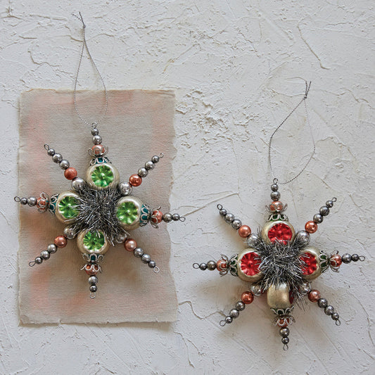 Glass Vintage Style Snowflake Ornament w/ Tinsel, Set of 2 Colors Quirks!