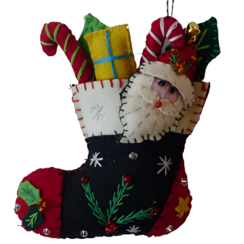 5" Santa Stocking w/Gifts Handmade Felted Wool Ornament Quirks!