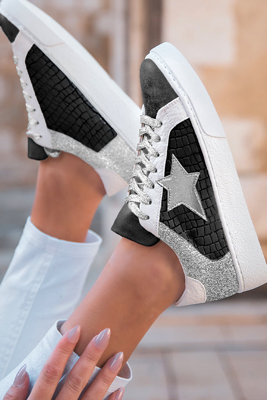 Black Glitter Star Patchwork PU Leather Lace-up Sneakers Shewin