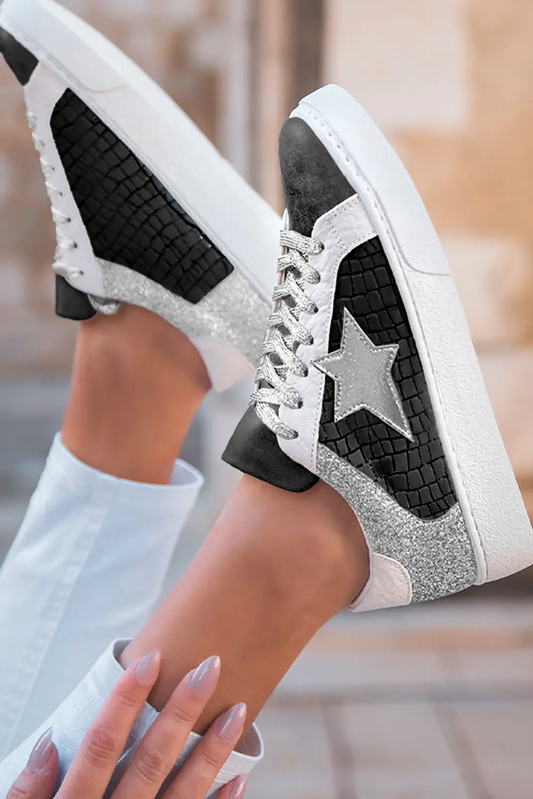 Black Glitter Star Patchwork PU Leather Lace-up Sneakers Shewin