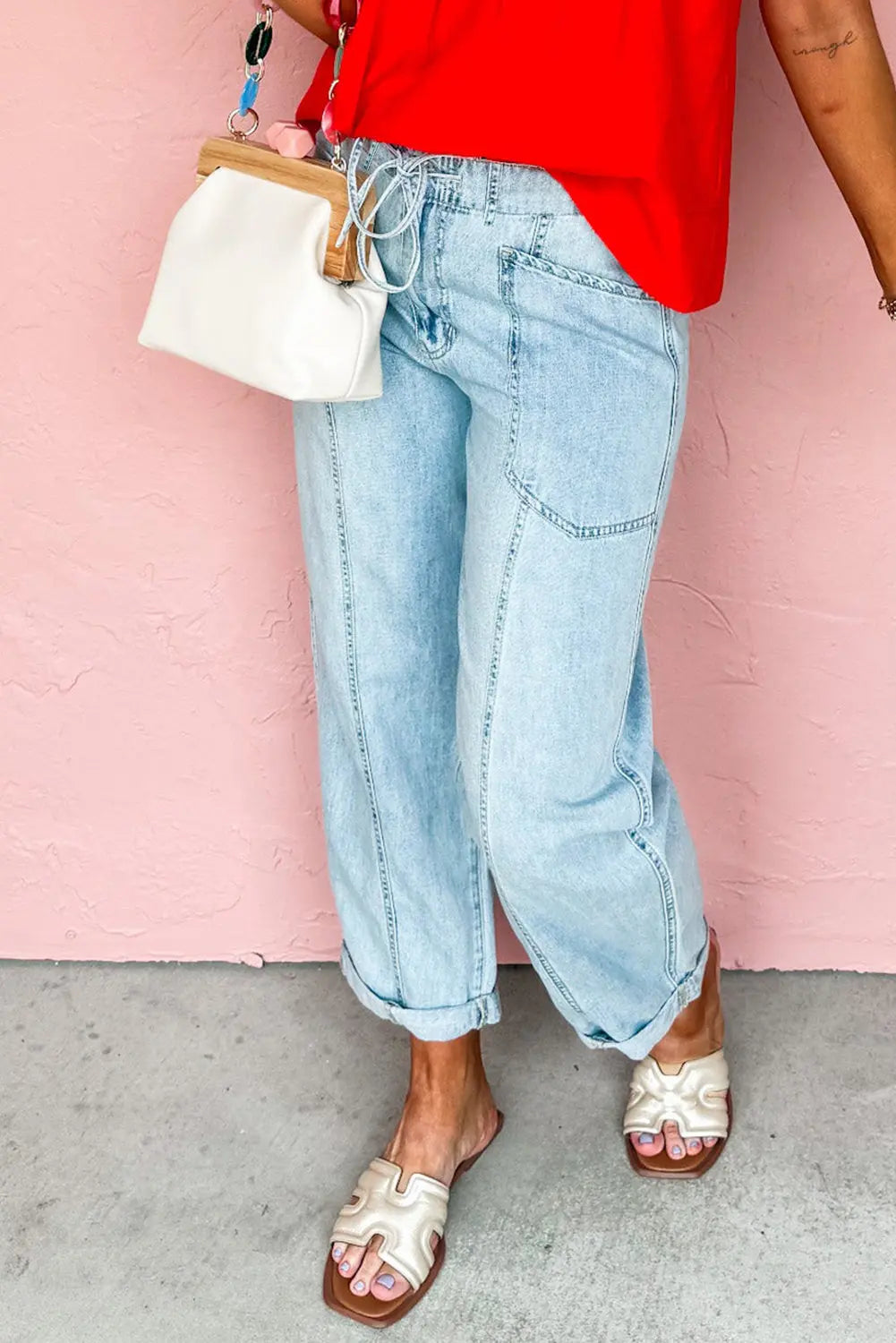 Myosotis Exposed Stitch Detail Drawstring Barrel Jeans Shewin