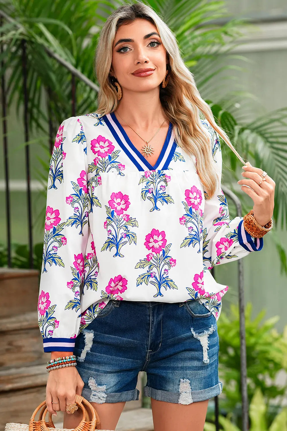 White Floral Print Pop of Color V-neck Long Sleeve Blouse Shewin