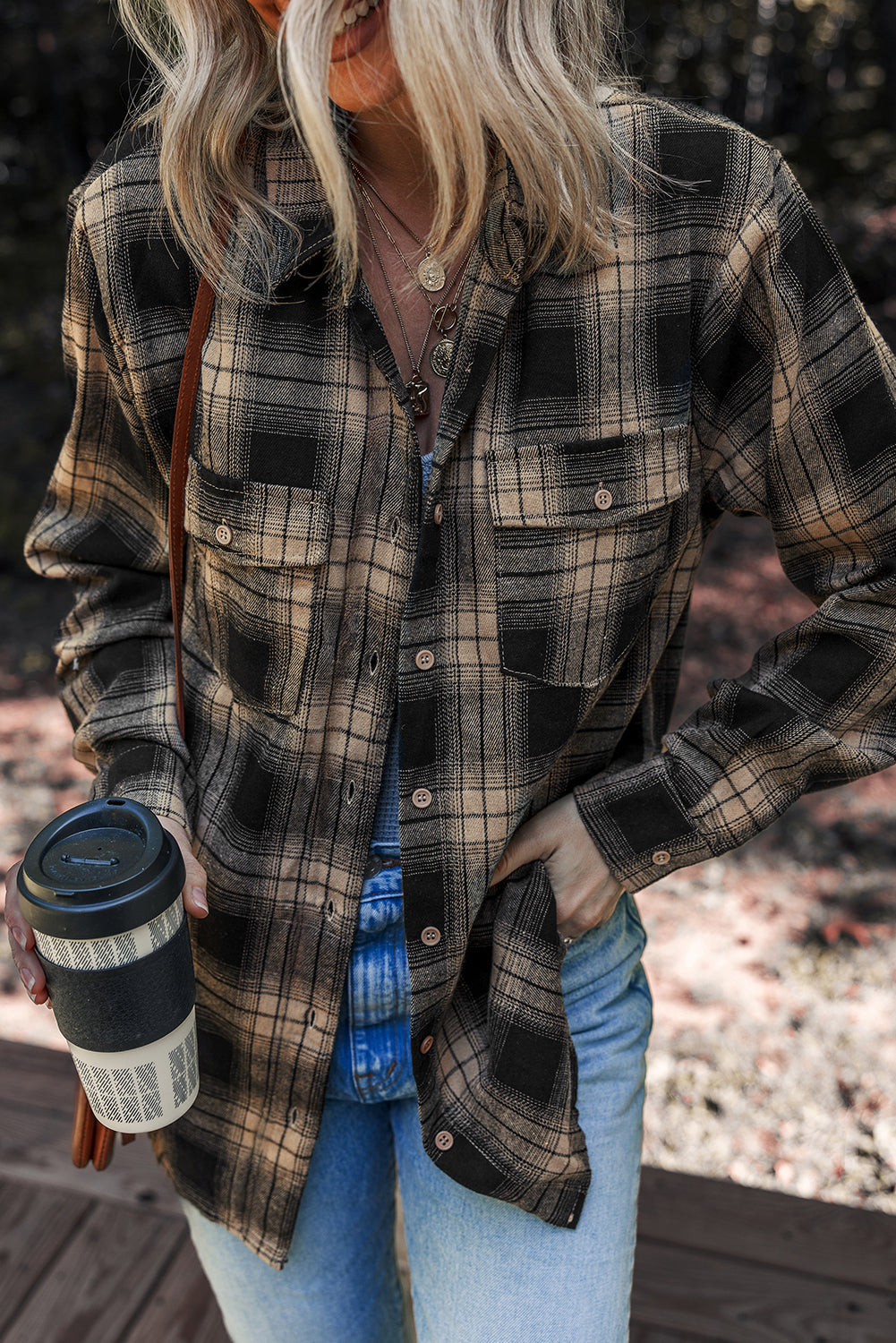 Multicolour Retro Plaid Double Flap Pocket Brushed Shacket Shewin