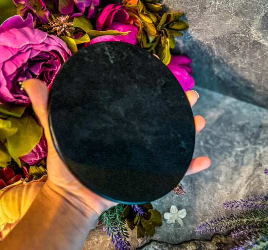 5 3/4 Inch Black Obsidian Mirror, Crystal Scrying Mandala Gems