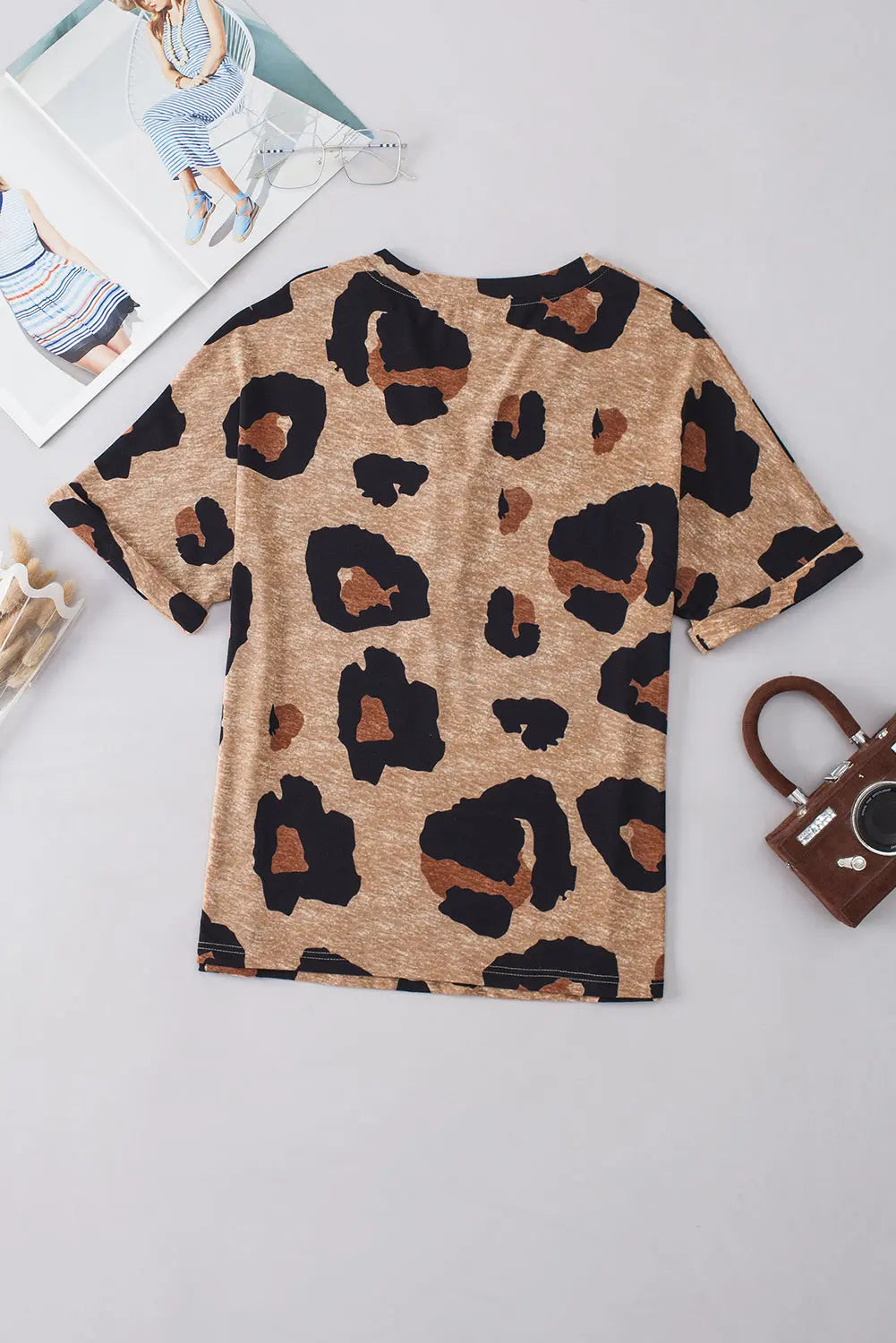 Light Beige Leopard Print Button V Neck T Shirt Shewin
