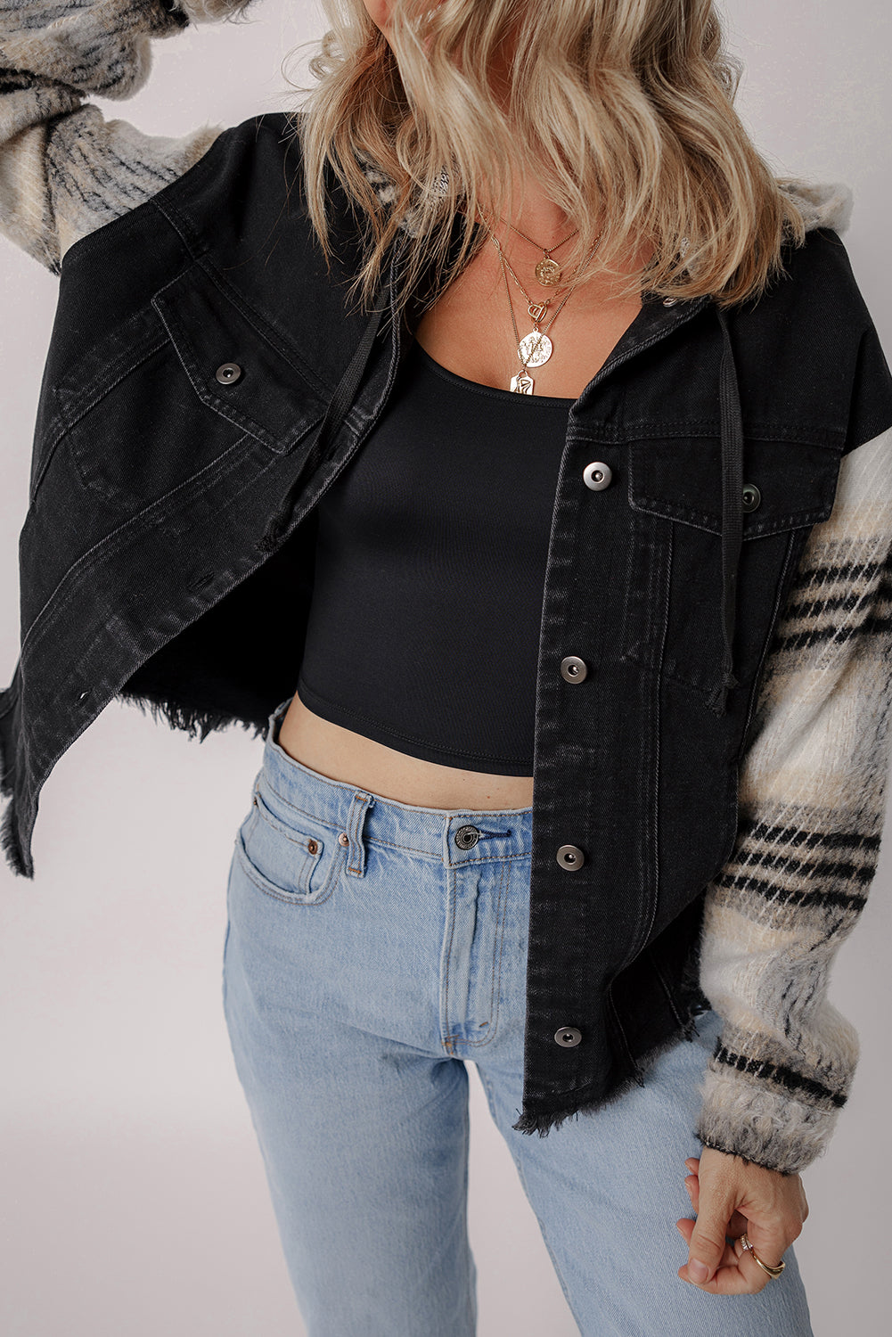 Black Patchwork Plaid Sleeve Frayed Hem Hooded Denim Jacket Shewin