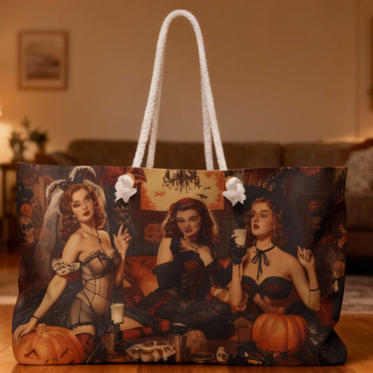 Tote bag with Halloween-themed design featuring women and pumpkins on a white background