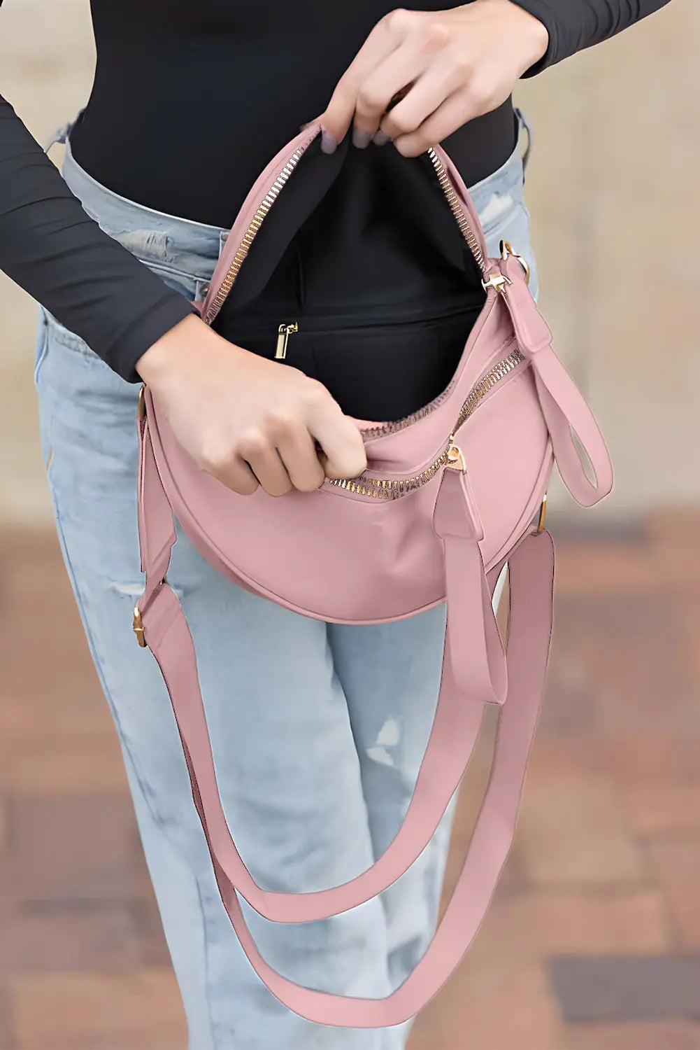 Light Blue Wide Strap Double Zipper Crossbody Bag Shewin