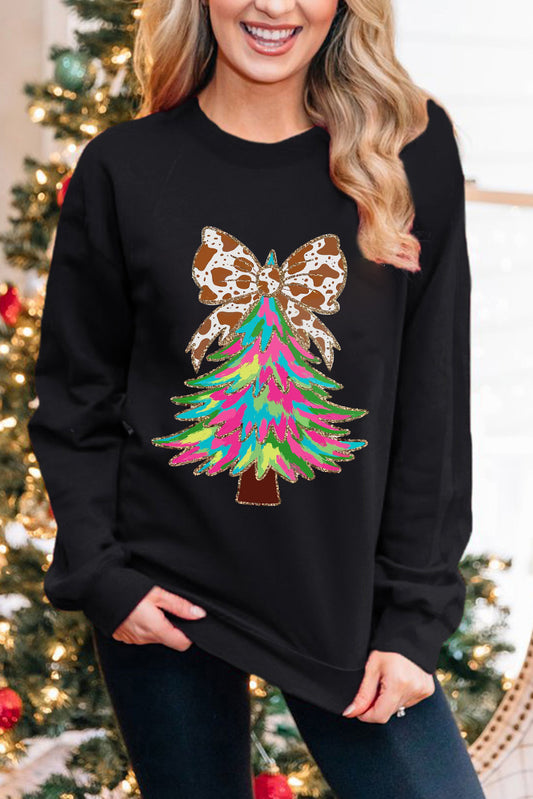 Black Shiny Bowknot Christmas Tree Graphic Heat Transfer Printing Round Neck Sweatshirt