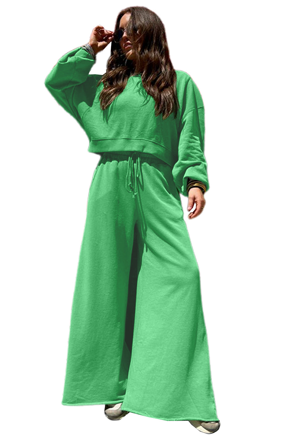 Flamingo Drop Shoulder Crop Pullover Drawstring Wide Leg Pants Set Shewin