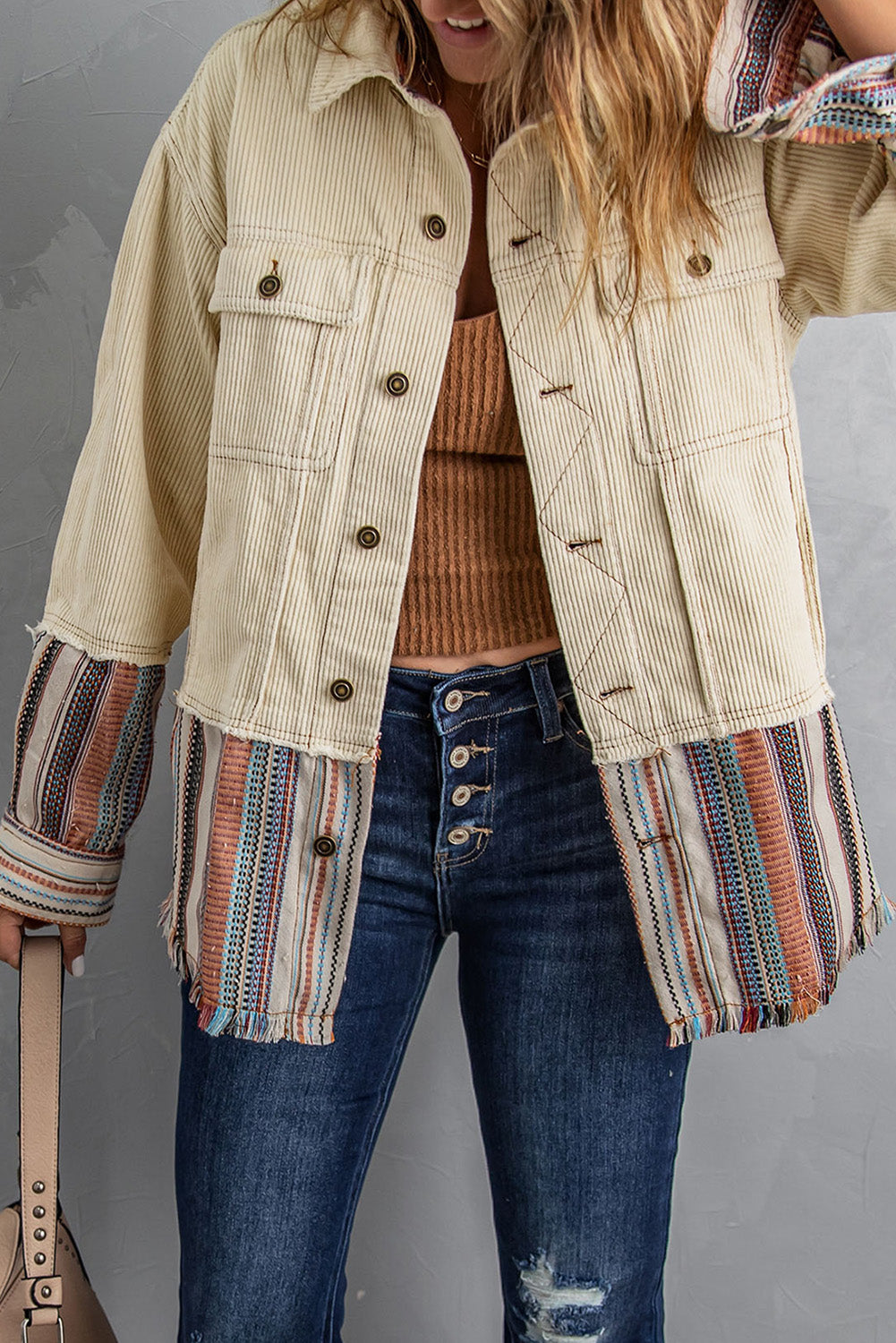 Beige Button Up Pockets Striped Color Block Corduroy Jacket Shewin