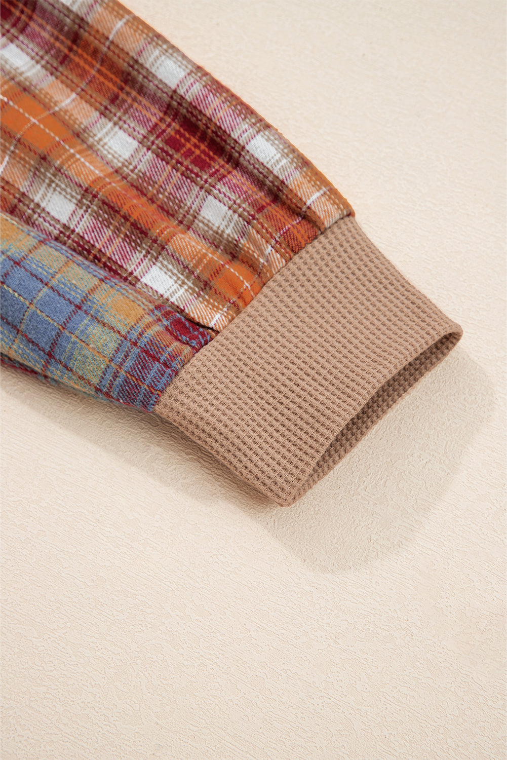 Straw Yellow Waffle Stripe Plaid Patchwork Henley Top Shewin