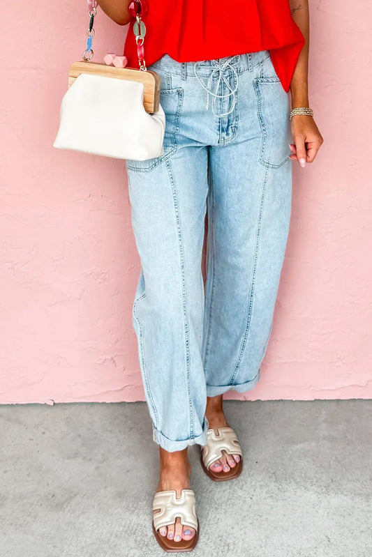 Myosotis Exposed Stitch Detail Drawstring Barrel Jeans Shewin