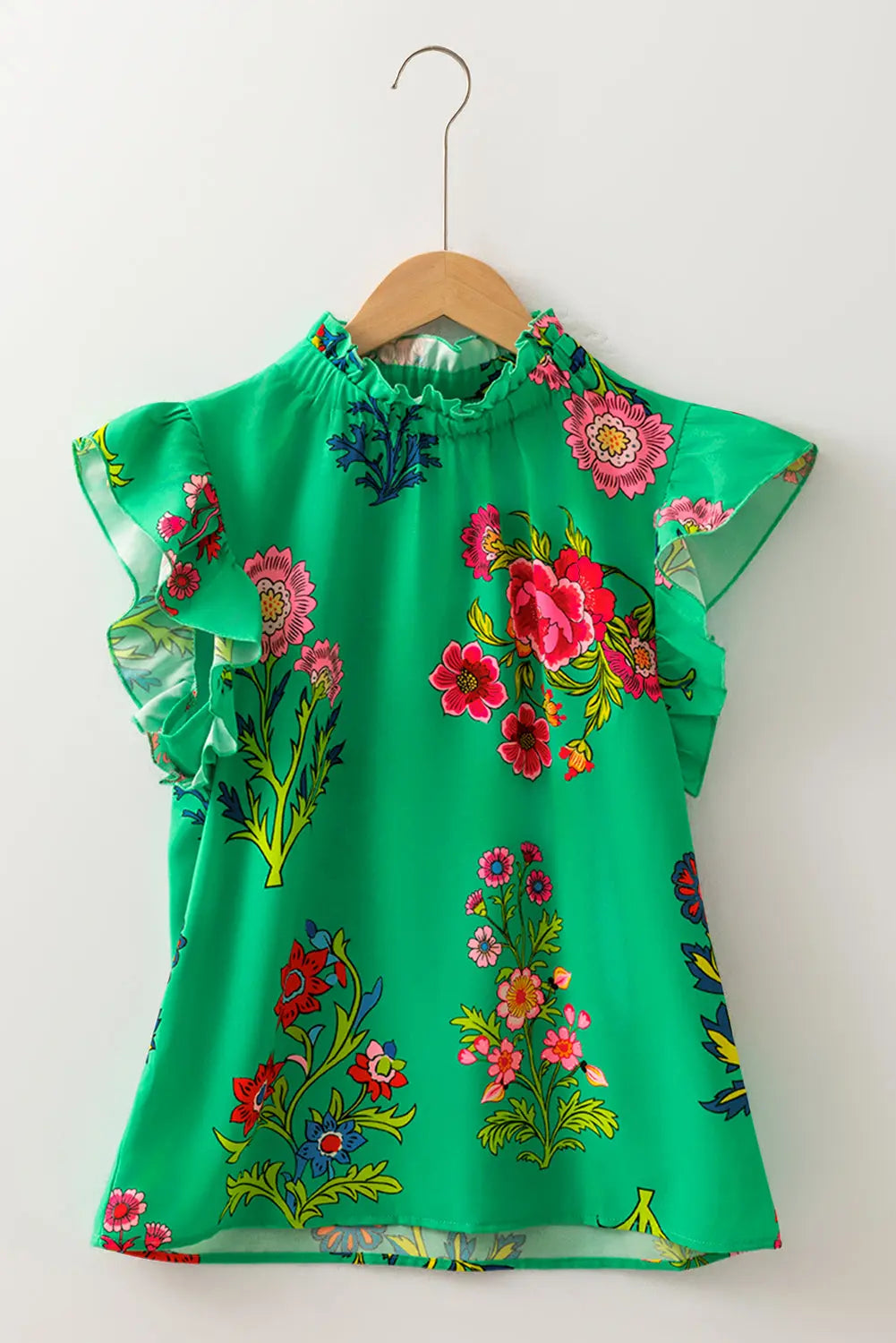 Green Floral Print Flutter Sleeve Frill Neck Blouse Shewin